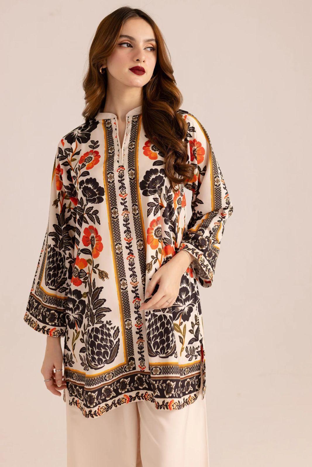 Stylish Printed V-Neck Shirt and Plain Trouser Set - 2 Pcs for Women