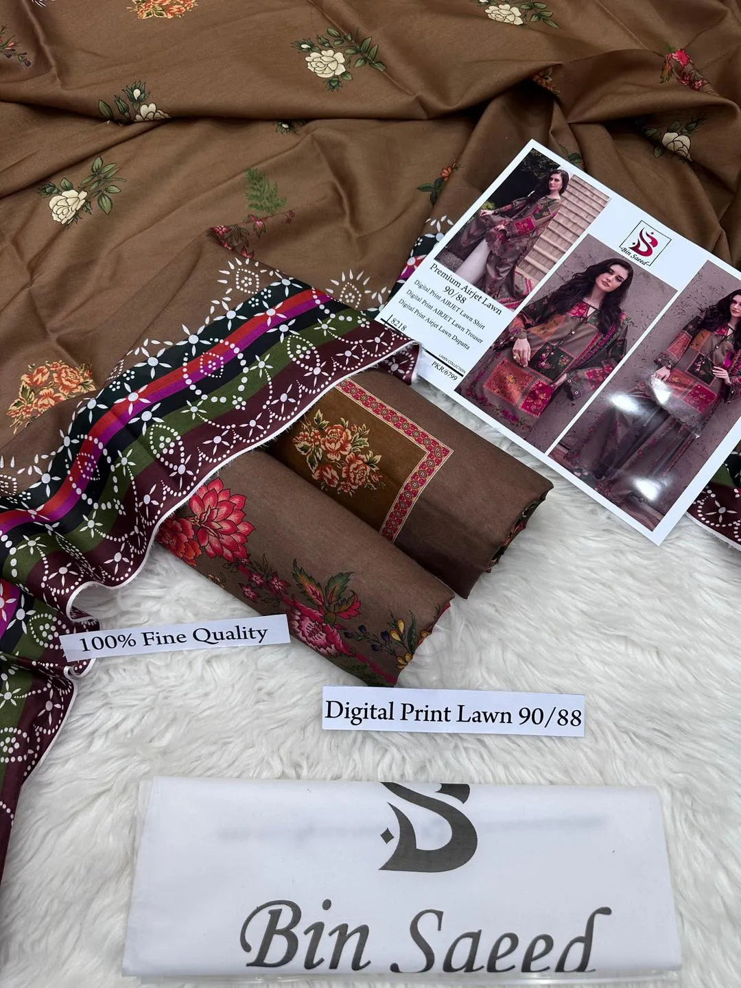 Unstitched printed suit Brown floral geomatric / Bin saeed dress discount