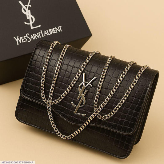 YSL Premium Croc-Embossed Vegan Leather Crossbody Bag with Elegant Gold-Tone Chain Strap and Iconic Signature Hardware
