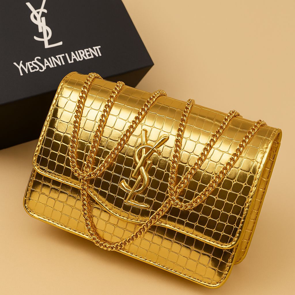 YSL Premium Croc-Embossed Vegan Leather Crossbody Bag with Elegant Gold-Tone Chain Strap and Iconic Signature Hardware