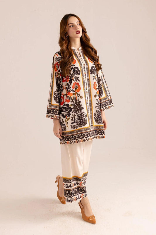 Stylish Printed V-Neck Shirt and Plain Trouser Set - 2 Pcs for Women