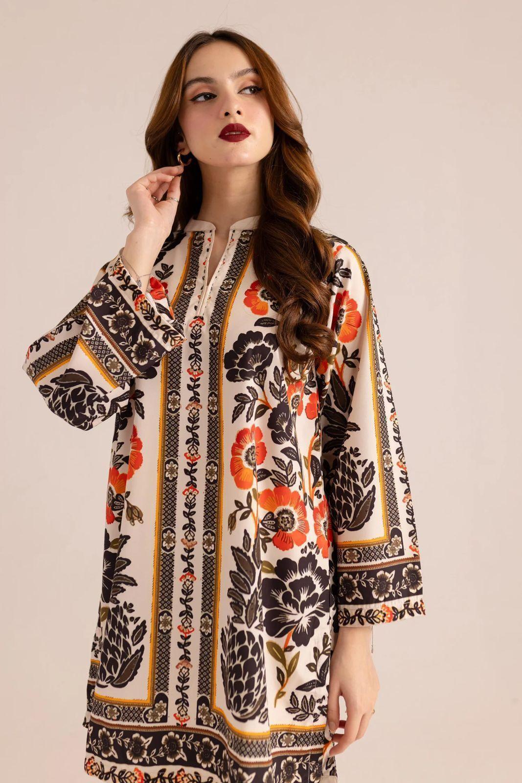 Stylish Printed V-Neck Shirt and Plain Trouser Set - 2 Pcs for Women