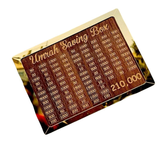 Premium Wooden Umrah Saving Box – 210,000 Savings Goal Challenge Tracker