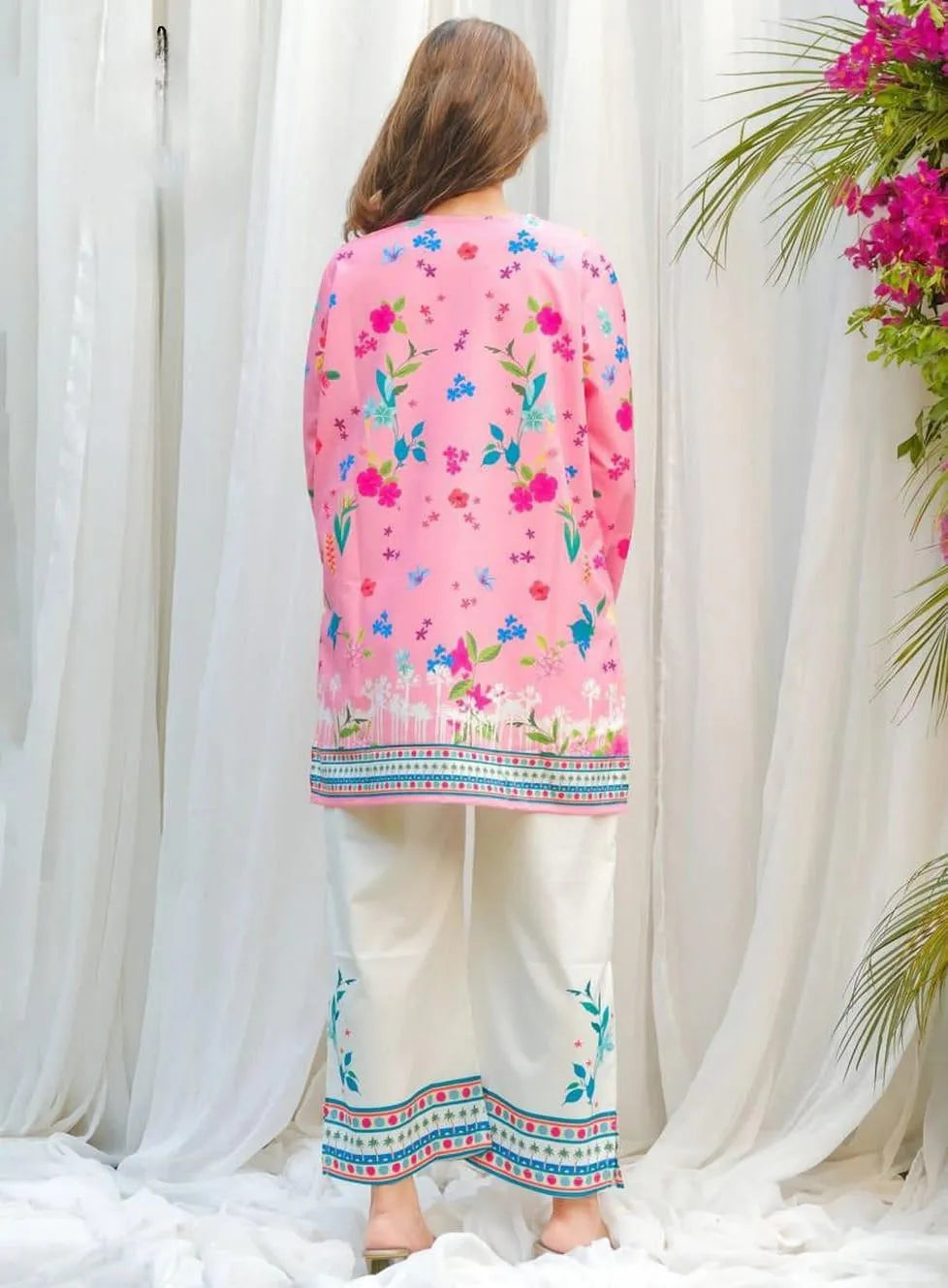 Women printed V neck Shirt & plain Touser Set multicolor medium