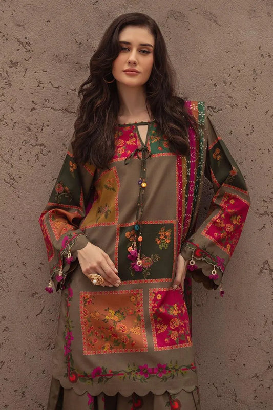 Unstitched printed suit Brown floral geomatric / Bin saeed dress discount
