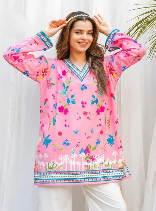 Women printed V neck Shirt & plain Touser Set multicolor medium